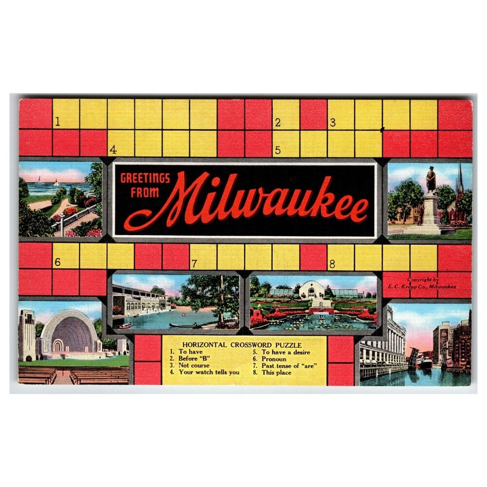 Vintage Greetings From Milwaukee Crossword Puzzle Linen Postcard E.C. Kropp
